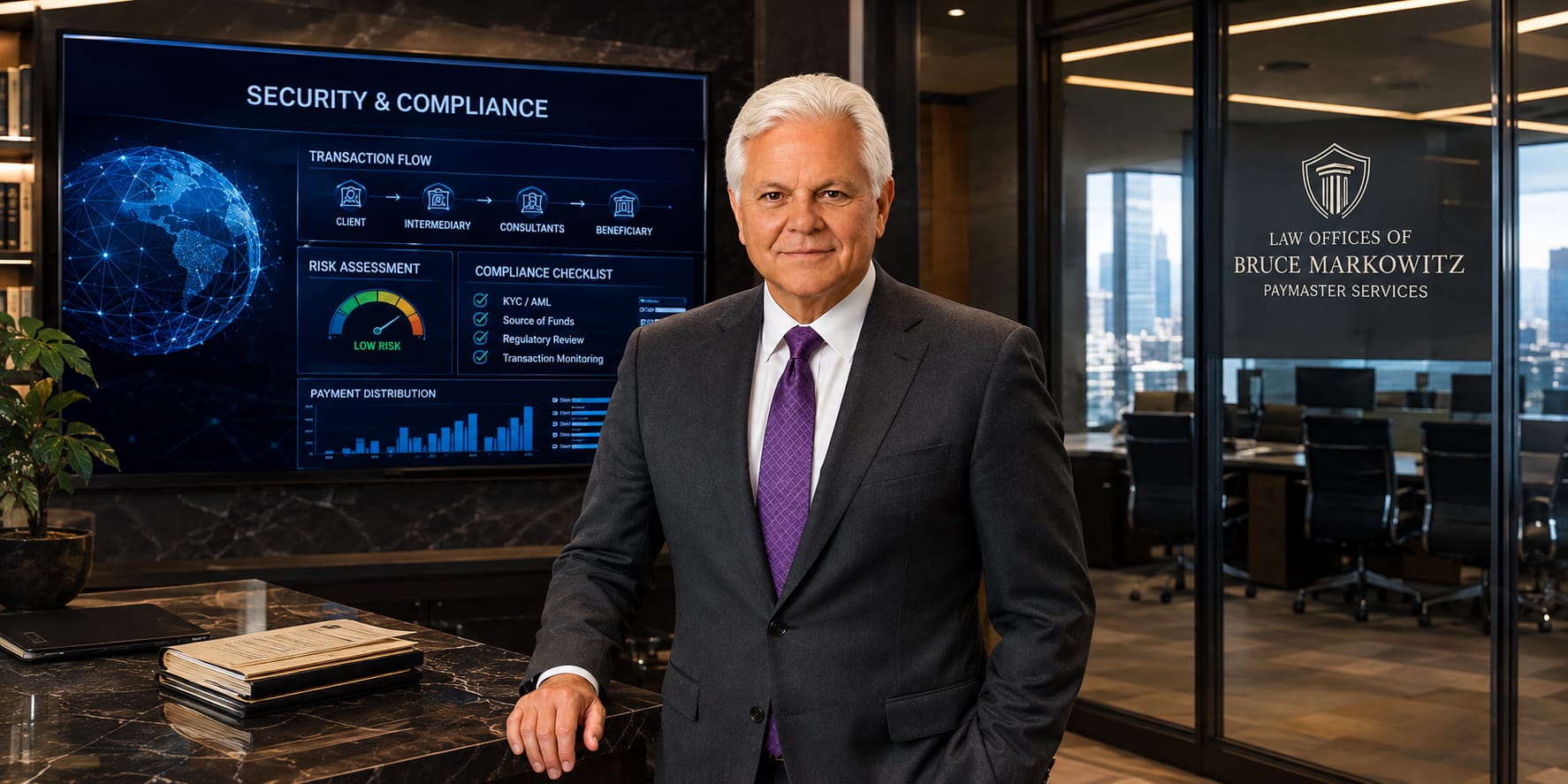 Attorney beside a screen showing transaction flow, risk assessment and compliance checklist