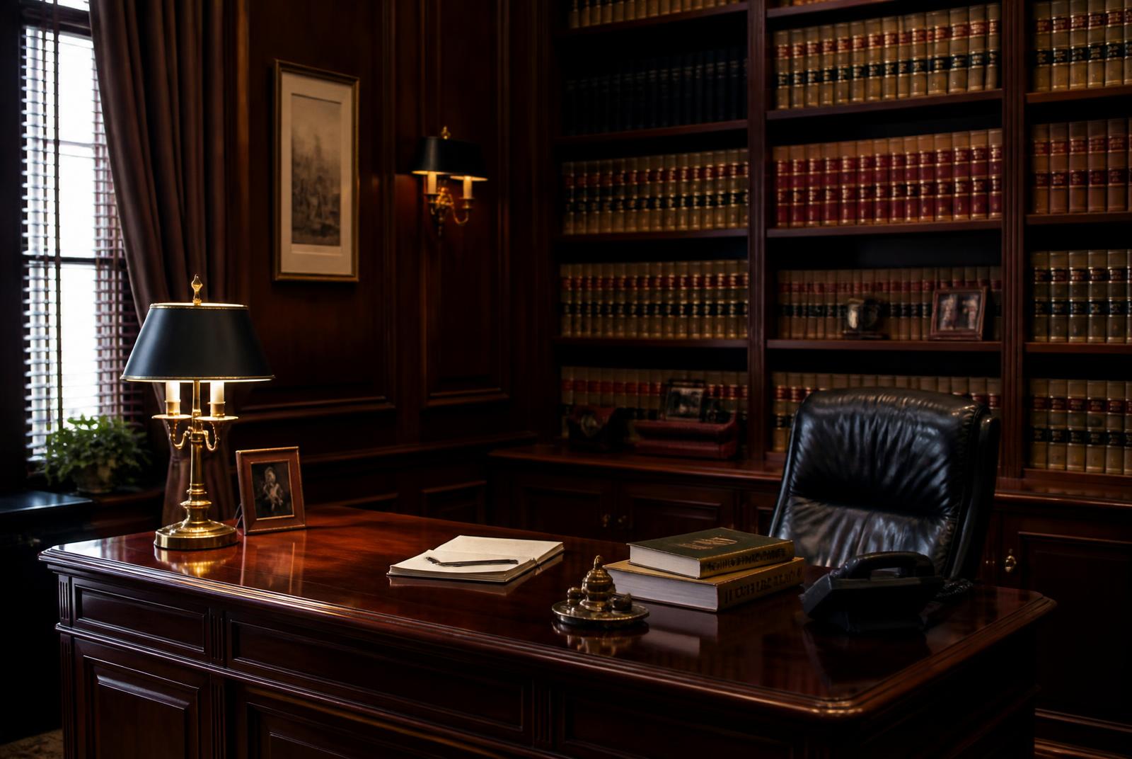 Law office desk with a legal library and city view