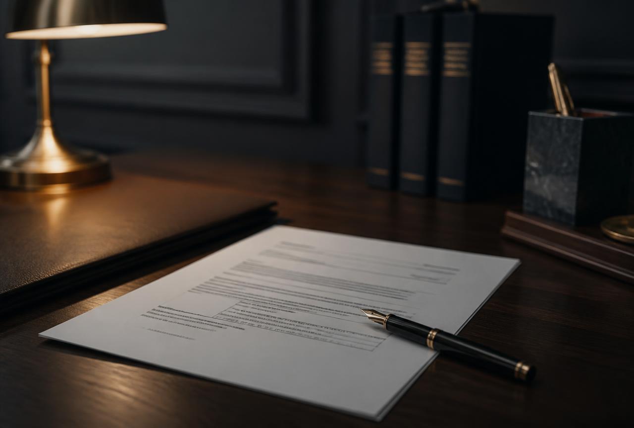 Signed settlement statement and pen on an attorney's desk